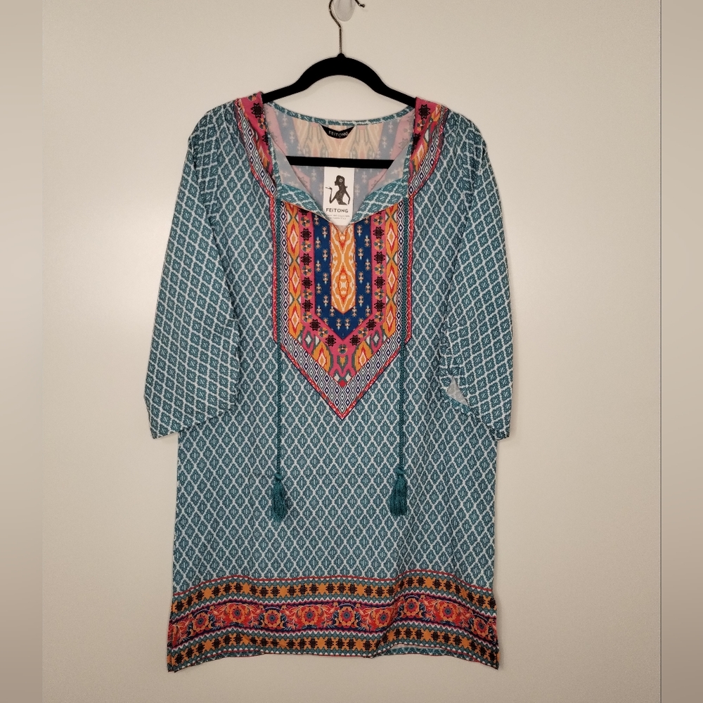 Feitong colorful printed moroccan boho popover mini dress tunic top
